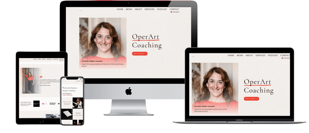 Mockups of Annette Weber's website, showing four devices with a portrait and the title "OperArt Coaching"