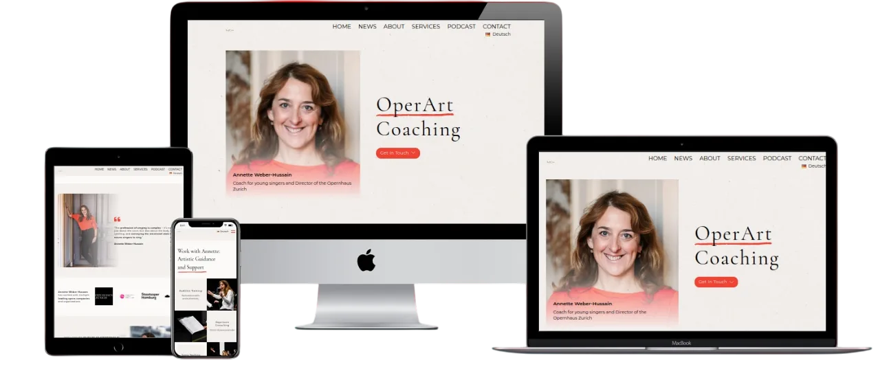 Mockups of Annette Weber's website, showing four devices with a portrait and the title "OperArt Coaching"