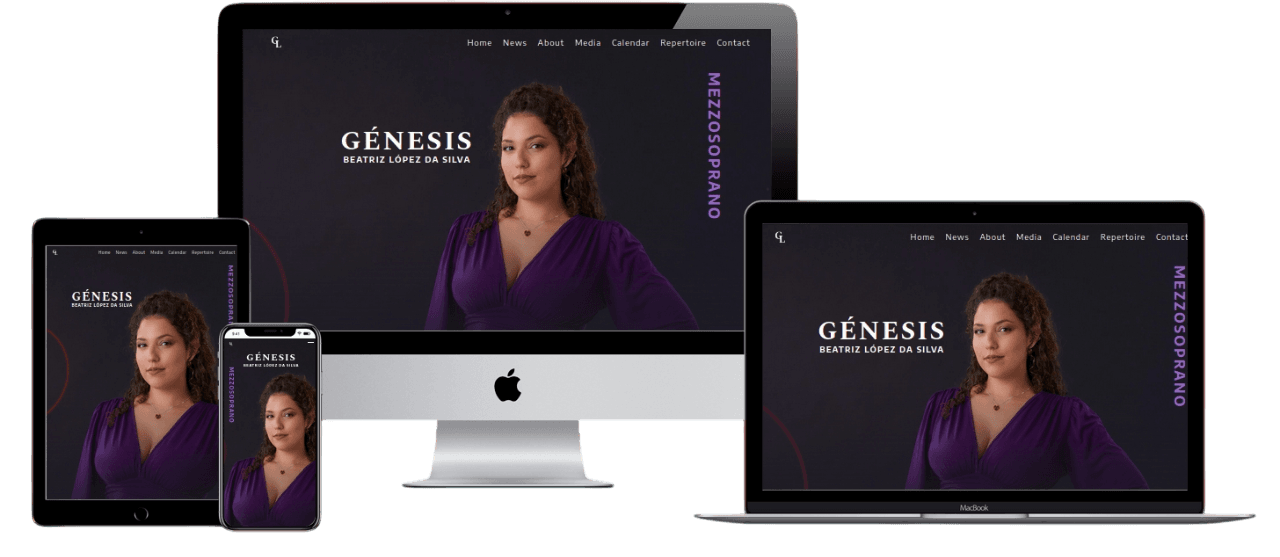 Mockups of Genesis Lopez da Silva's website. There is a portrait and next to it her name and her voice type (mezzosoprano)