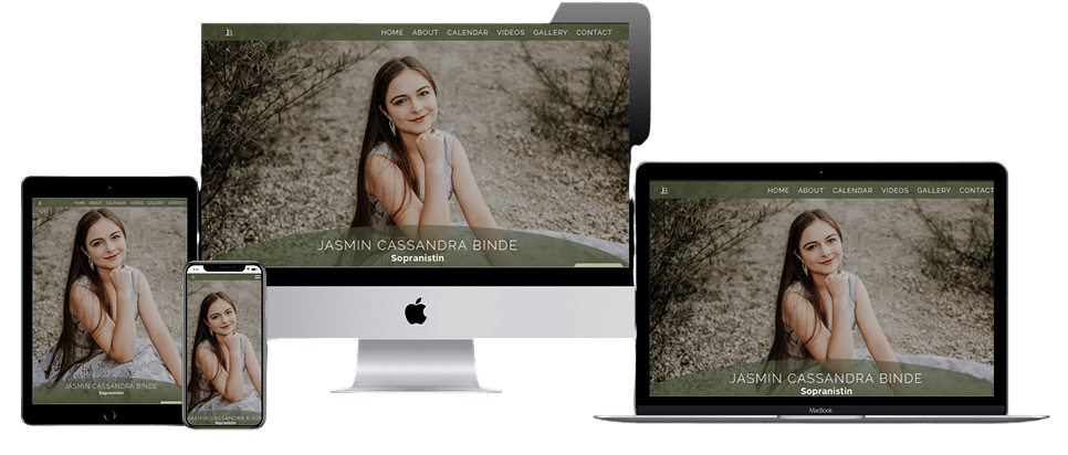 Four Mockups showing Jasmin Binde`s homepage. She is sitting on the floor and there is a green banner with her name and voice type (soprano) down below.