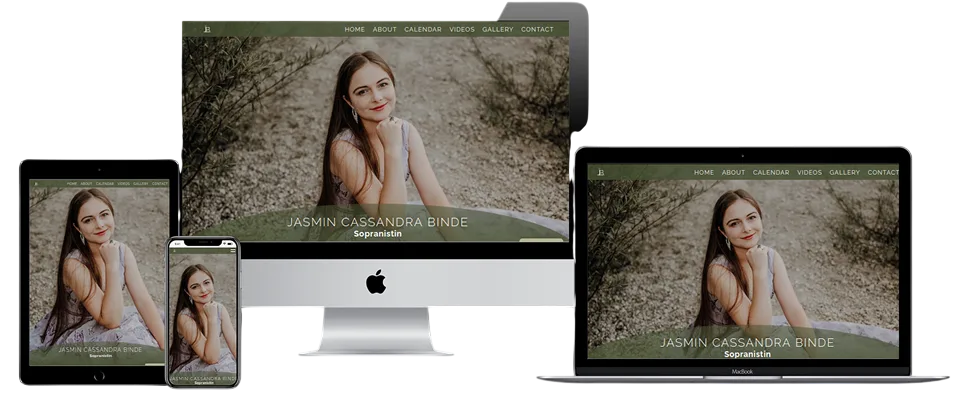 Four Mockups showing Jasmin Binde`s homepage. She is sitting on the floor and there is a green banner with her name and voice type (soprano) down below.